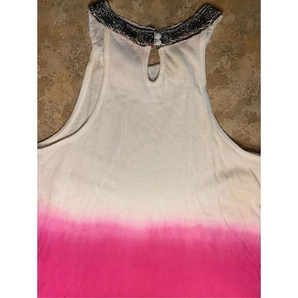 37- FREE PEOPLE PINK & WHITE OMBRÉ BEADED NECKLINE BOHO SWING TANK TOP - Picture 3 of 5
